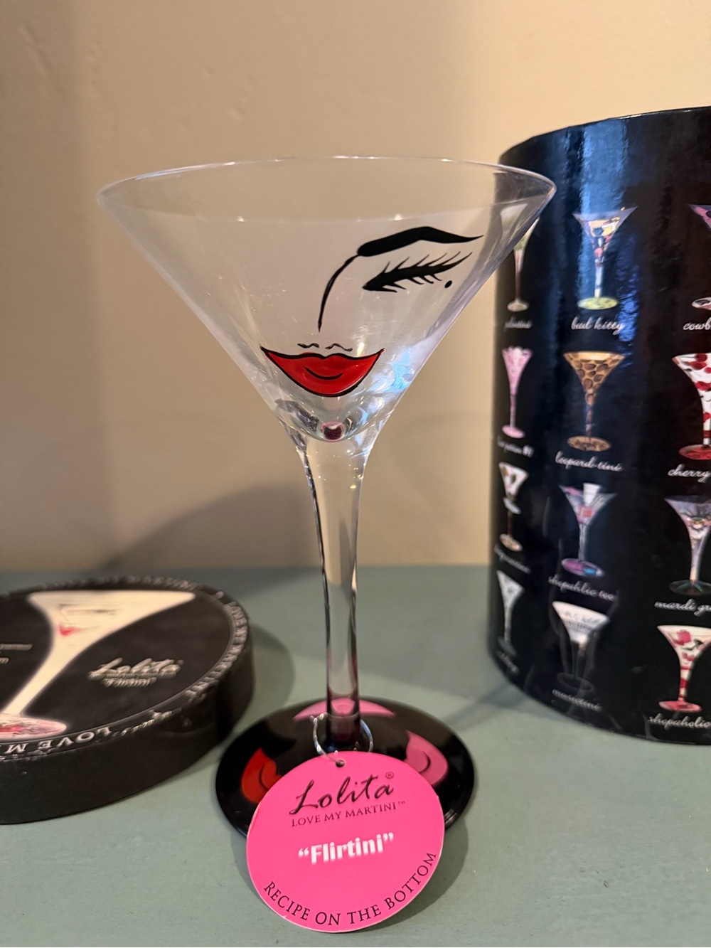 Lolita Clear Martini Glass with Red Lips and Black Face Detail